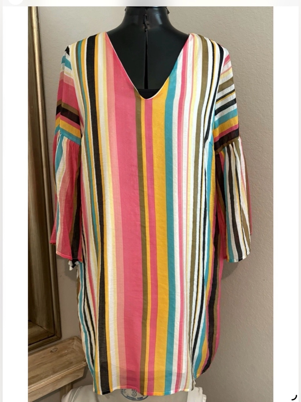Listicle Womens Medium Multicolor Striped Bell Sleeve Shift Dress Boho Tunic - Picture 3 of 8